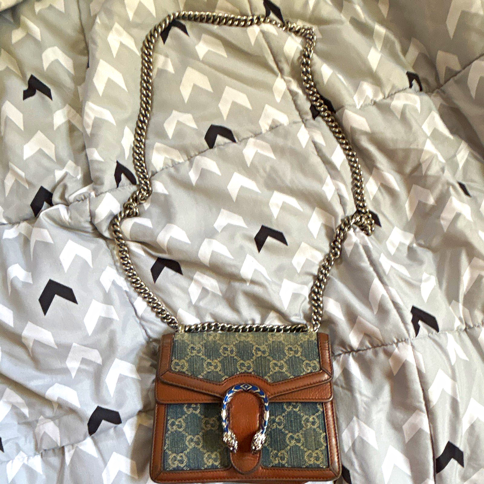 Gucci GG Pattern Small Shoulder Bag Chain Strap Brown/Beige Snap Silver HW
