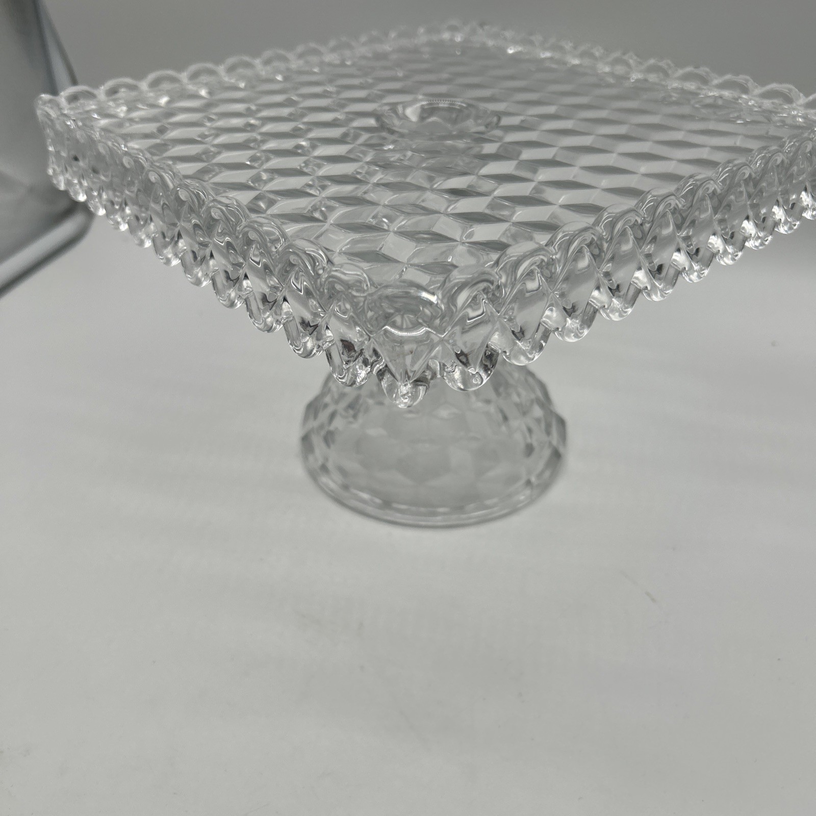 VTG American Fostoria Glass Optic Cube Square Cake Stand w/ Rum Well 10” MINT VTG American Fostoria Glass Optic Cube Square Cake Stand w/ Rum Well 10” MINT
