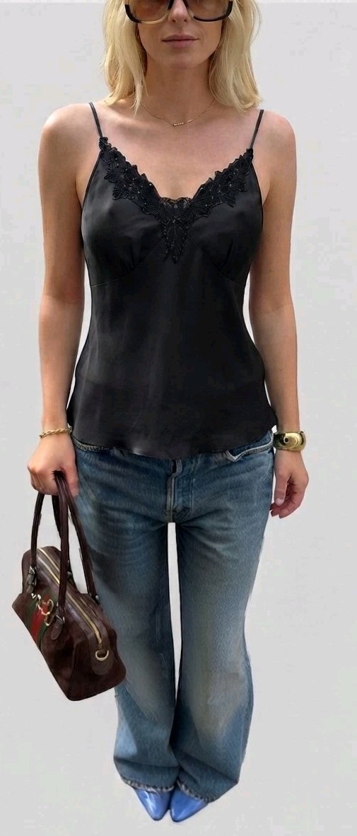 NWT Vintage Halston Jeans 100% Silk Camisole Top Black Lace Beaded Size S 