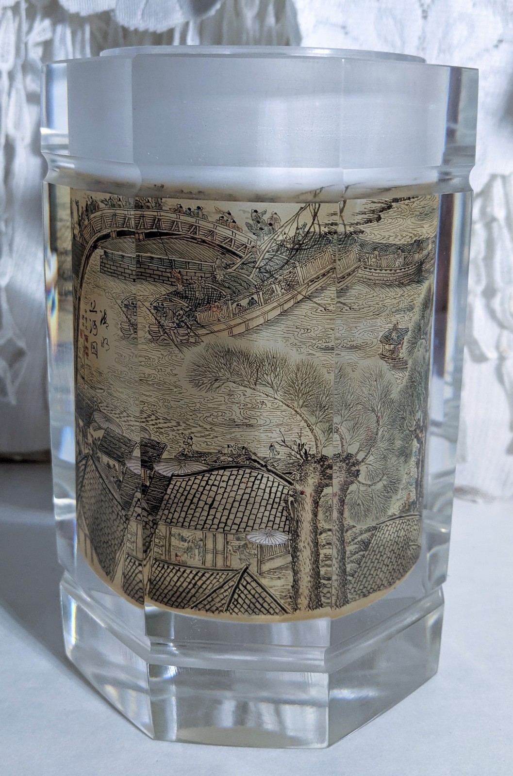 Along The River during Qingming Festival Octagonal Inside Painted Crystal Vase Along The River during Qingming Festival Octagonal Inside Painted Crystal Vase