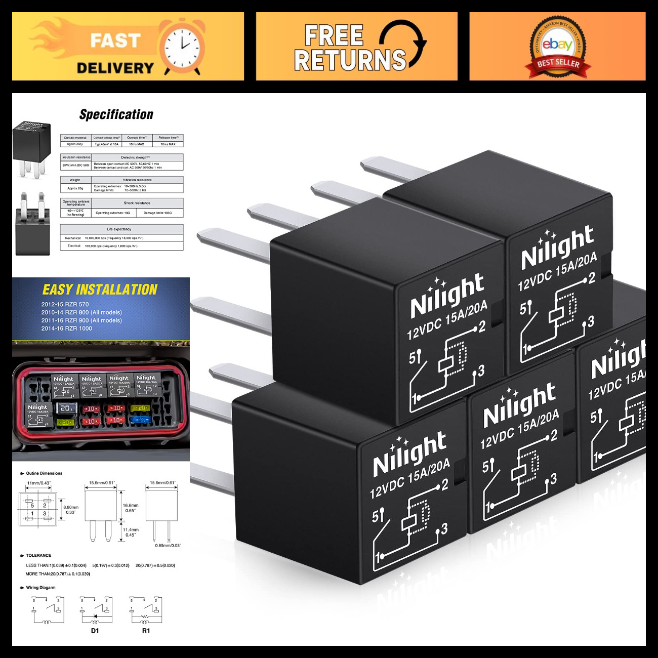 5PCS 12V 4Pin Micro Relay 20A Sealed SPNO for Polaris RZR Off-Road Vehicles