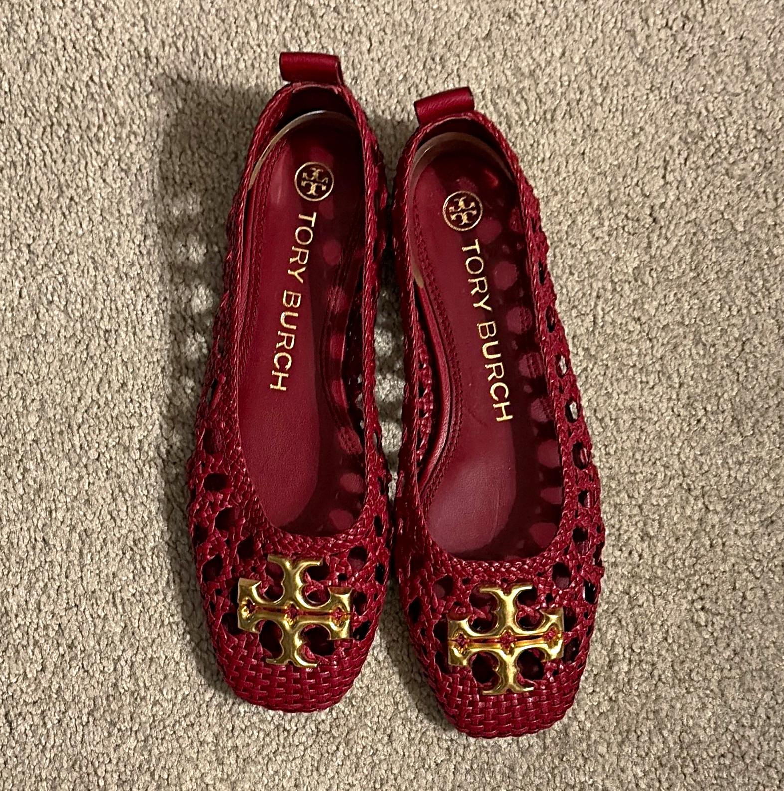 Tory Burch Red Woven Chelsea Ballet Flats Slip-On Round Toe with Logo Accent