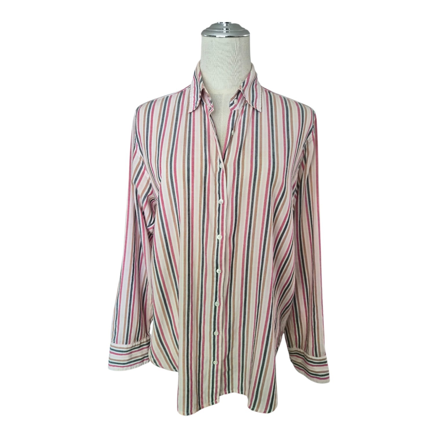 Xirena Jordy Button Down Shirt Womens XS Pink Blue Tan Stripe 100% Cotton