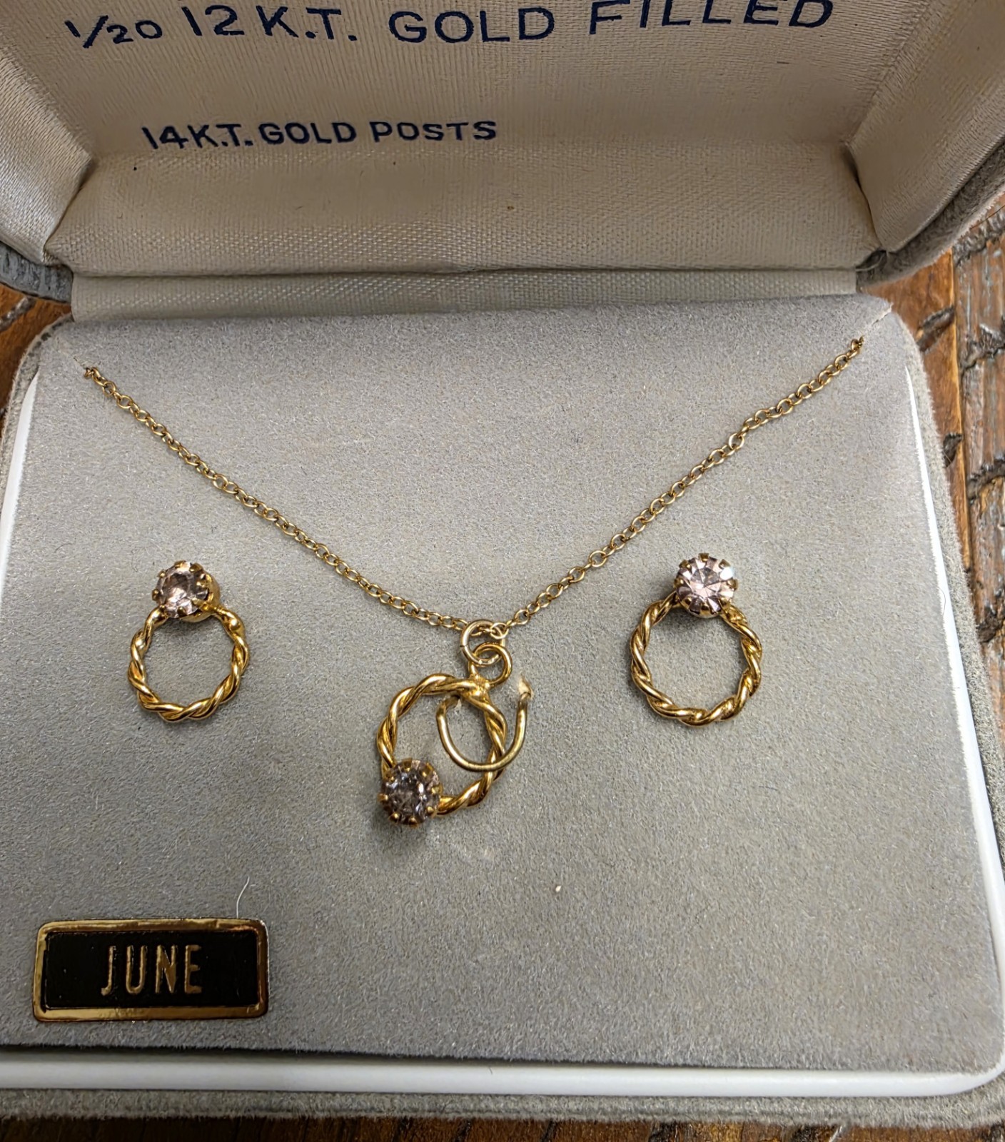 Vintage 1/20 12K GF Necklace And Earrings Set 14 Kt Gold Posts June Birthstone