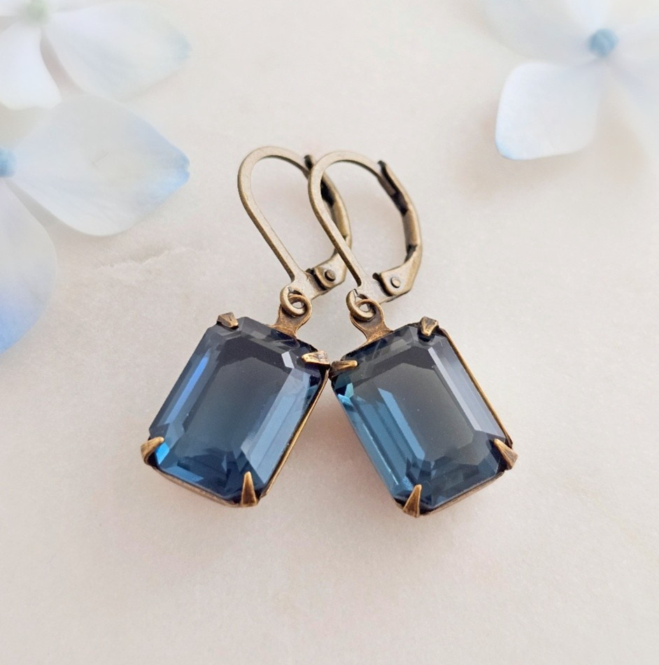 Navy Blue Baguette Earrings made with Vintage Montana Blue Swarovski Crystals