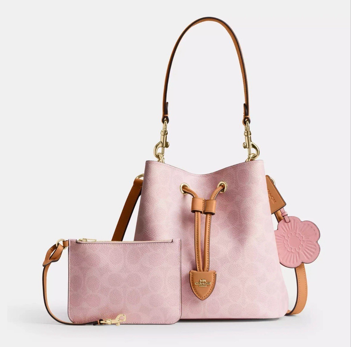 NWT Coach CEA23 Rowan Bucket Bag In Signature Canvas With Charms Powder Pink