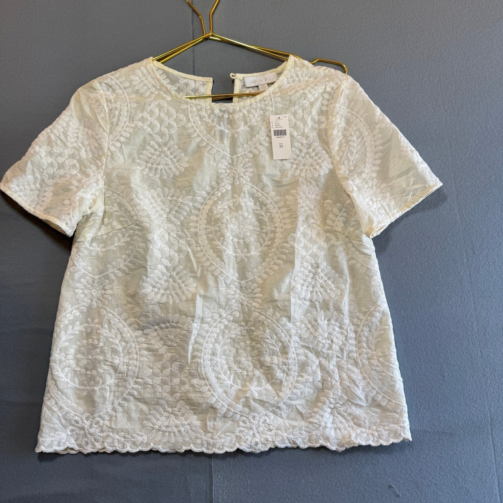 Anthropologie Eri + Ali Ivory White Embroidered Scallop Hem Blouse Top XS NWT