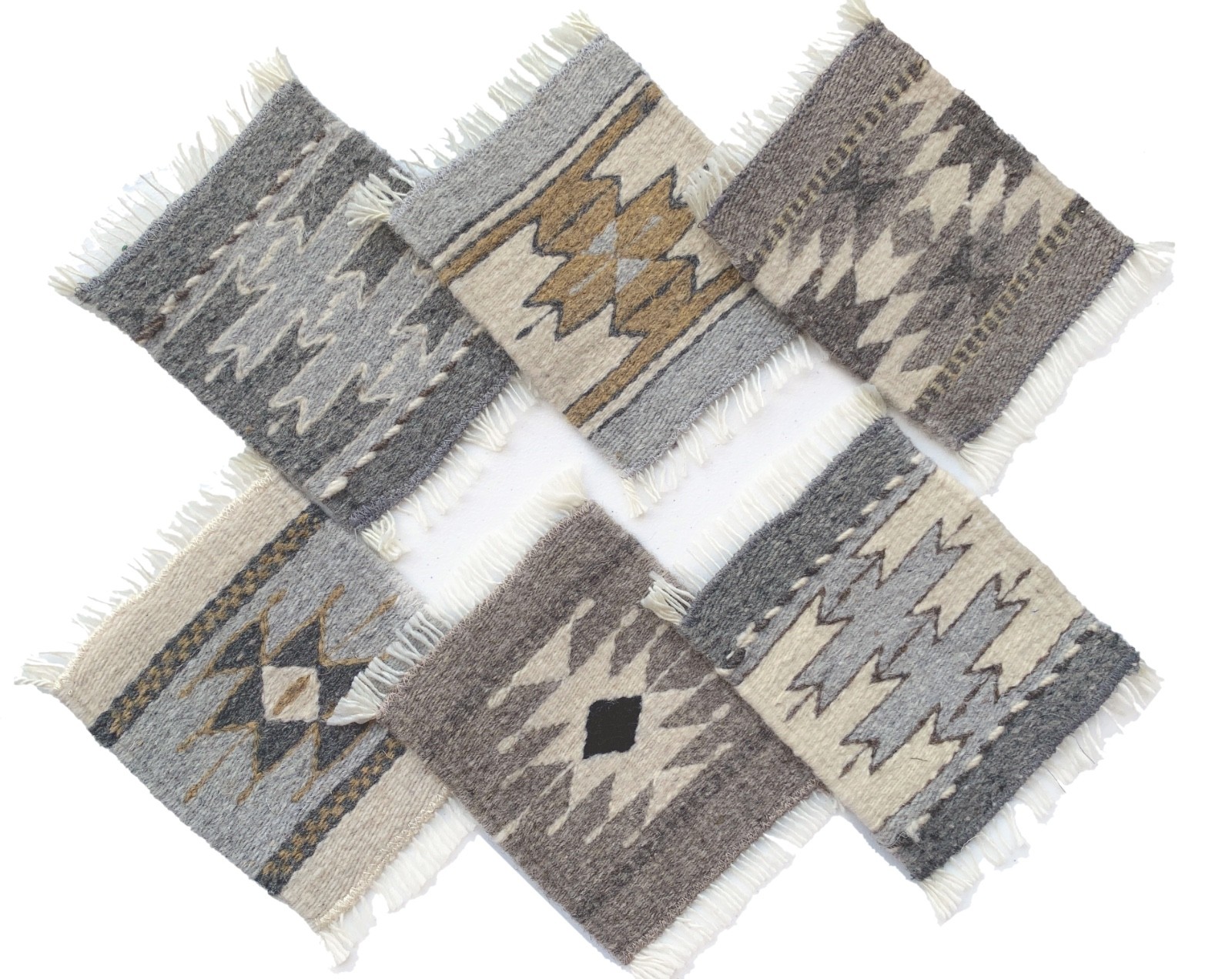 Hand Loomed Rug Mug Coasters, Set of 6 Hand Woven Zapotec Mini Rugs Mats
