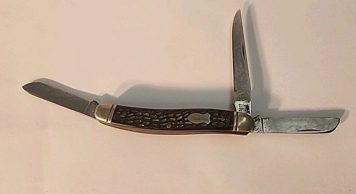 Vintage 825 Schrade Walden NY USA 3-Blade Stockman Pocket Knife Razor Blade Etch