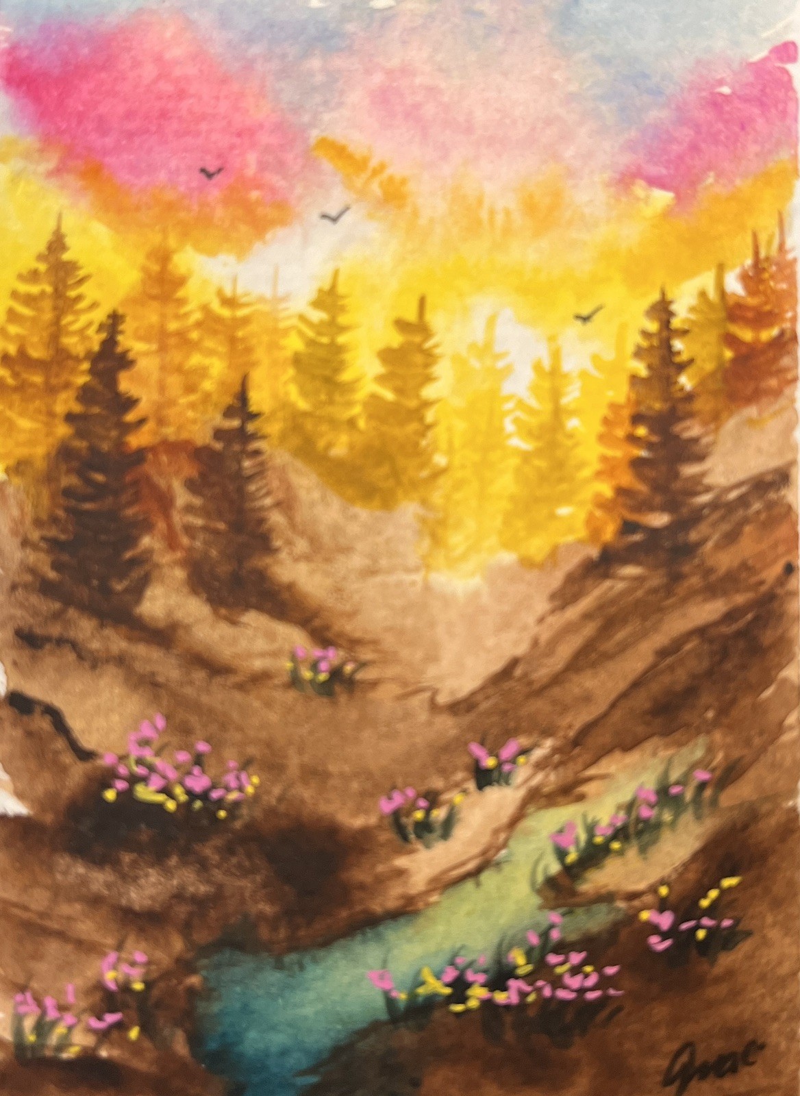 ACEO Watercolor  landscape Painting  Bohoandbloosoms Original 