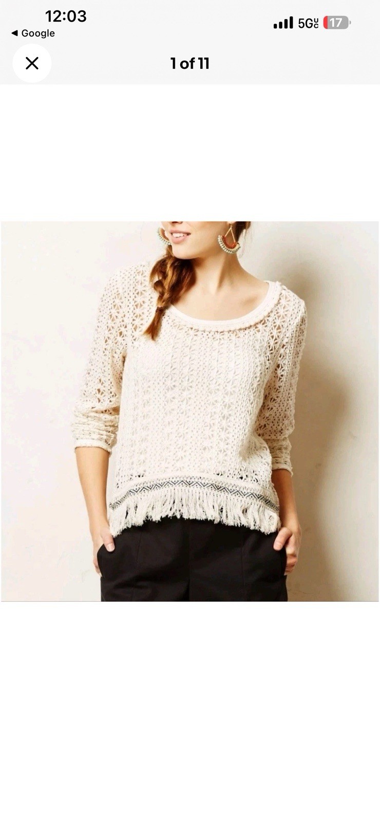Anthropologie Akemi + Kin Women\'s Sweater Crochet Fringe Boho Franja Pullover M