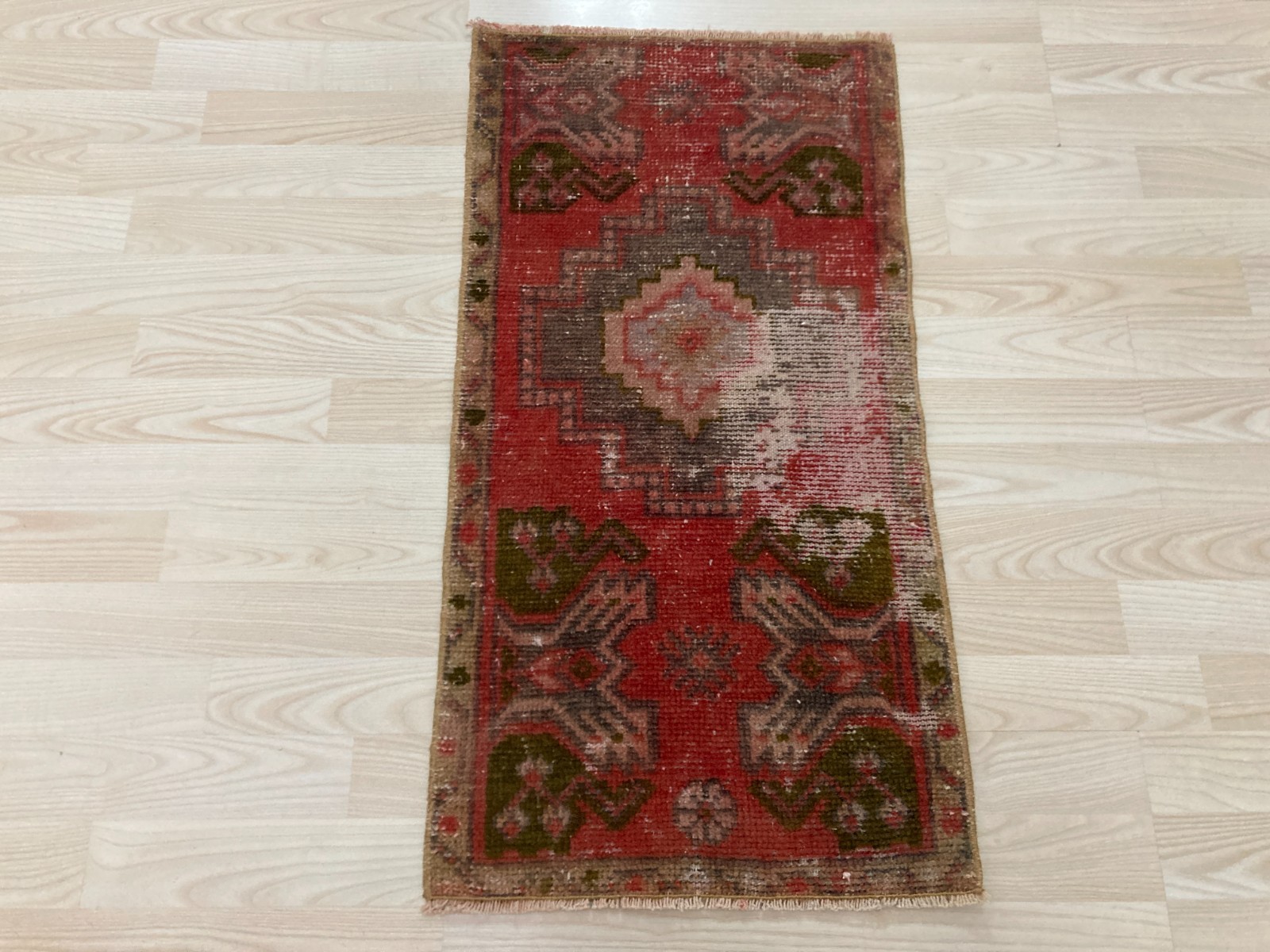 Vintage Turkish Farmhouse Rug 1.4 x 2.8 Ft Red Handwoven Anatolian Doormat