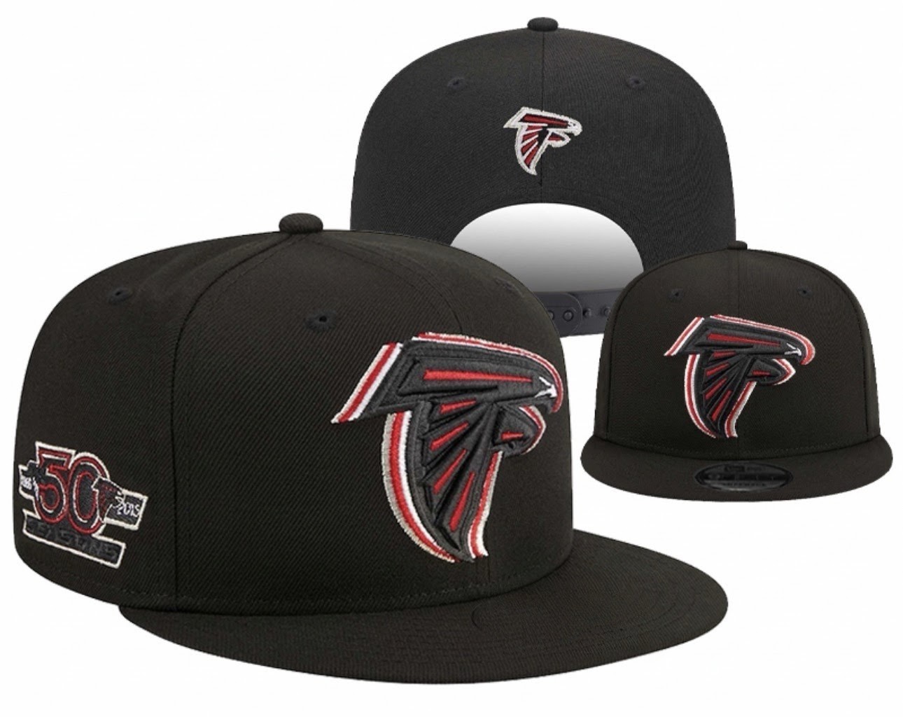 Atlanta Falcons Black Snapback Hat Embroidered Logo 50th Anniversary Flat Bill Atlanta Falcons Black Snapback Hat Embroidered Logo 50th Anniversary Flat Bill