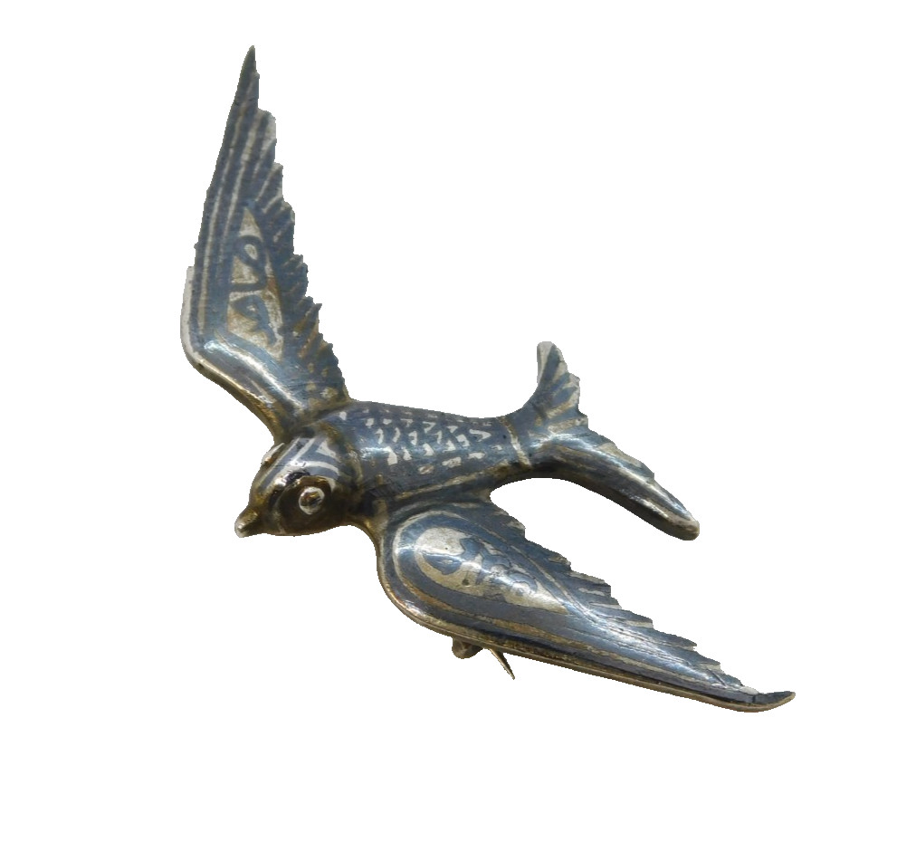 19th Century Eastern Sterling Silver Niello Enamel Bird Brooch Antique c1880s