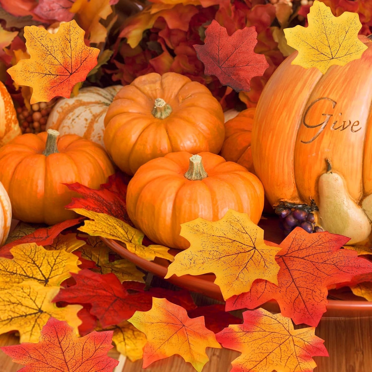 300pcs Artificial Fall Maple Leaves 7 Colors with 100 Glue Dots Autumn Decor