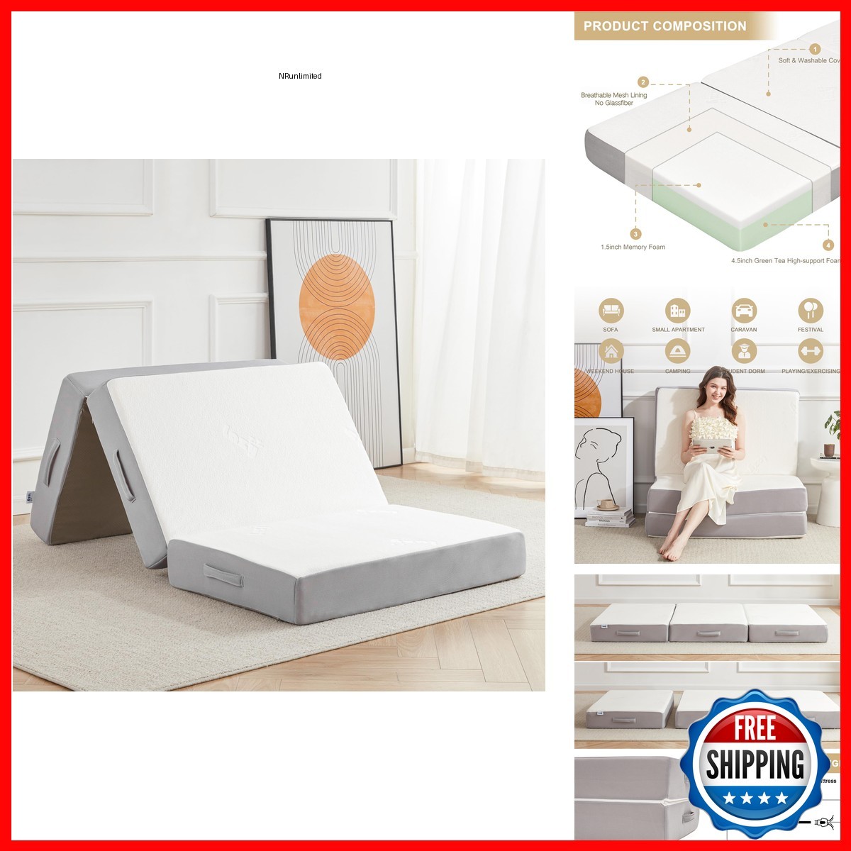 Lazyzizi Tri-fold Folding Mattress 6in Memory Foam Guest Bed Bamboo Fabric
