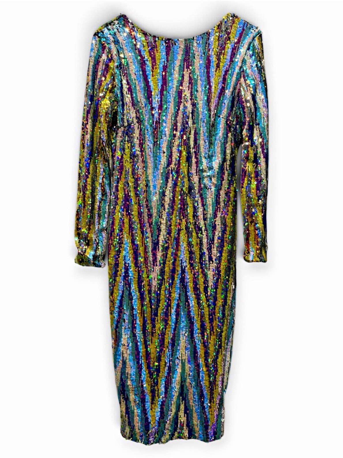 Dress the Population Emery Opal Rainbow Sequin Midi Dress L Low Back Disco