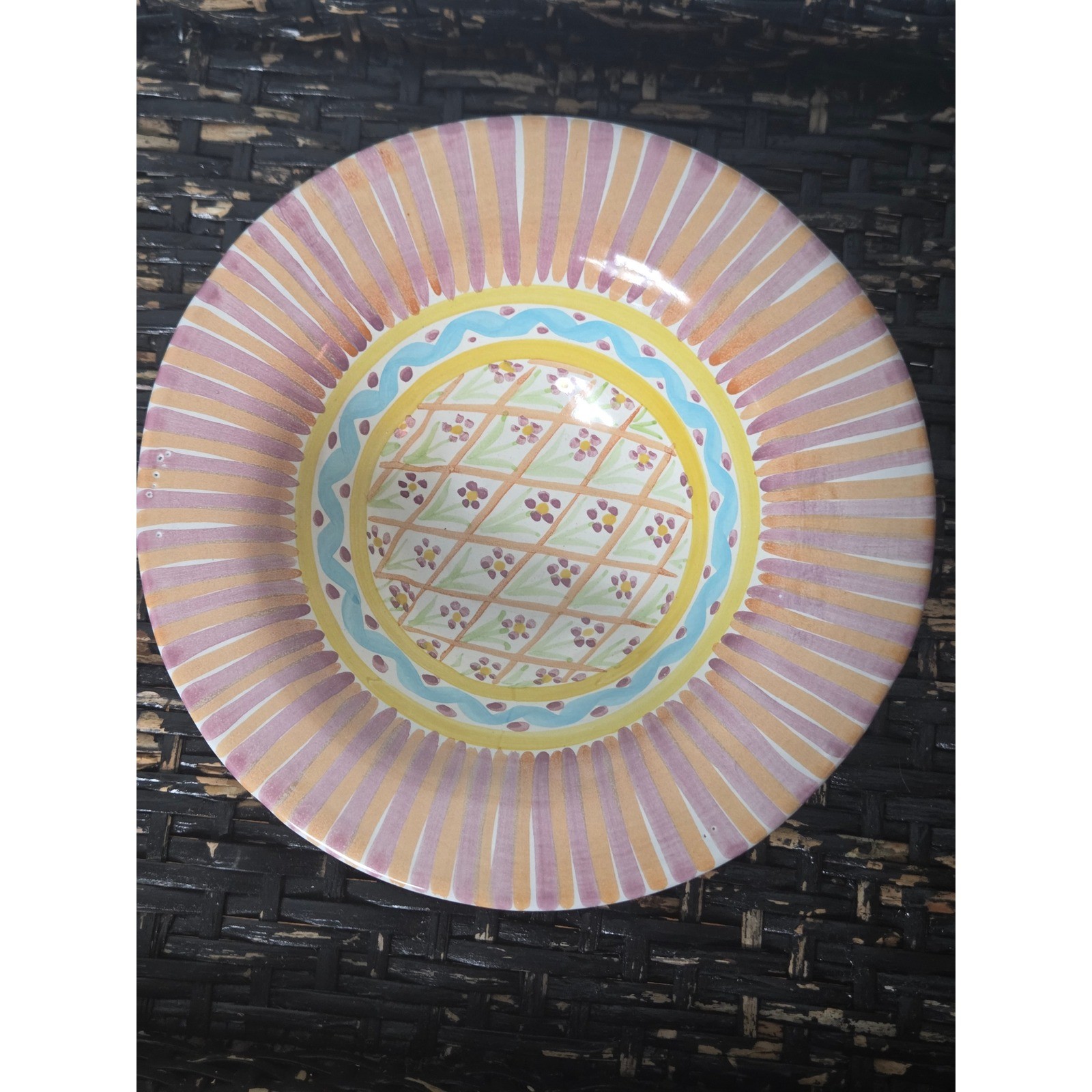 Vtg MacKenzie-Childs Summer Frock Terra Cotta Rimmed Bowl 9 Inch Hand Painted 95
