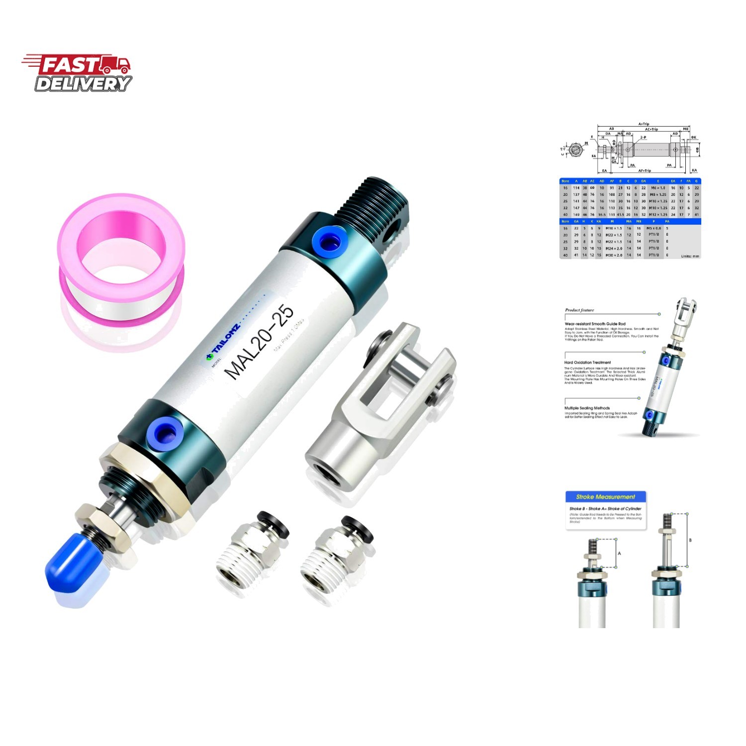 20mm Bore 25mm Stroke Air Cylinder Double Action with Y Connector and 2Pcs 6m... 20mm Bore 25mm Stroke Air Cylinder Double Action with Y Connector and 2Pcs 6m...
