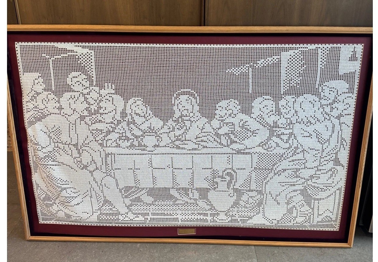 Vintage Framed Hand Crocheted The Last Supper Religious Wall Art Large