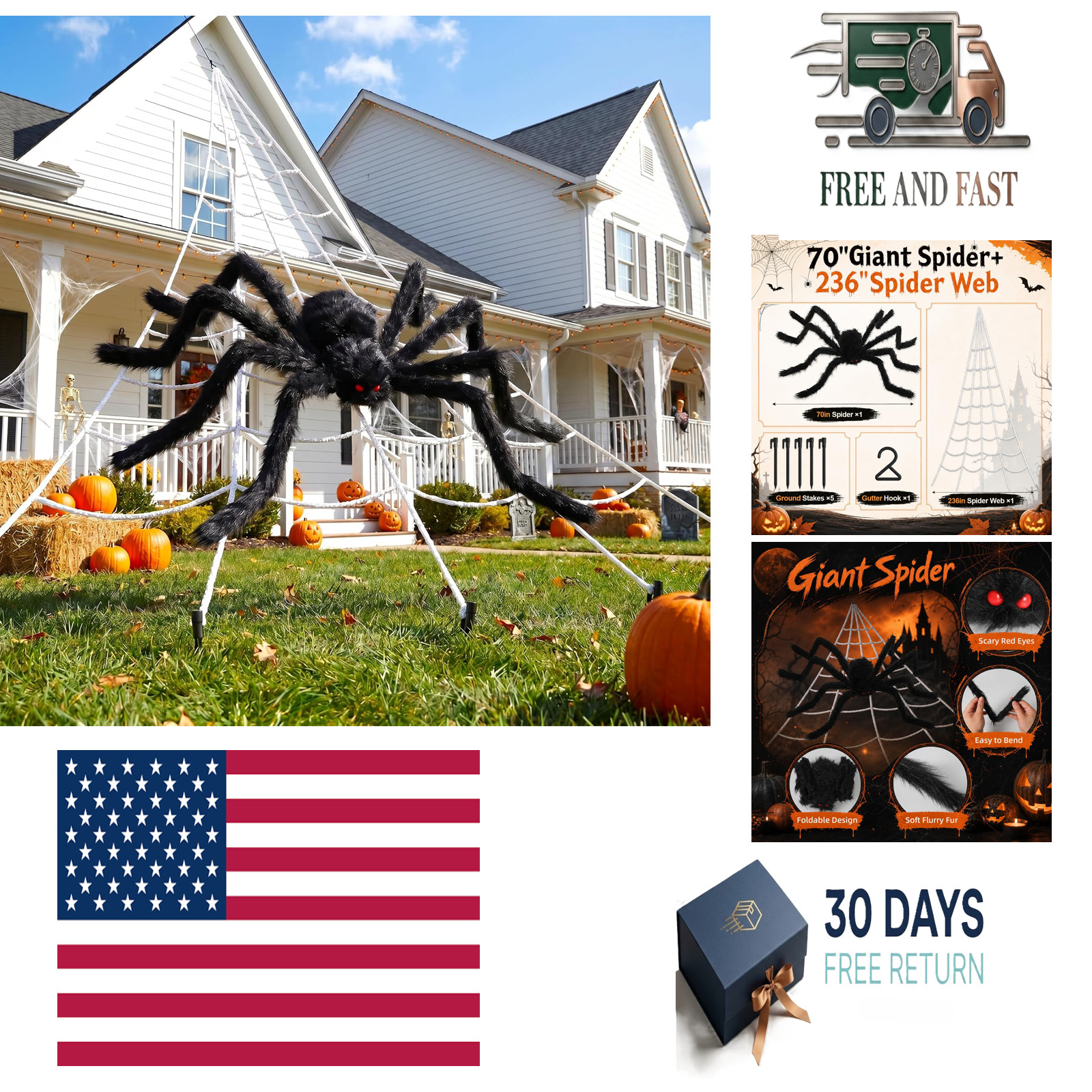 236\'\' Big Spider Web Halloween Decor+70\'\' Huge Spider for Roof with Triangular