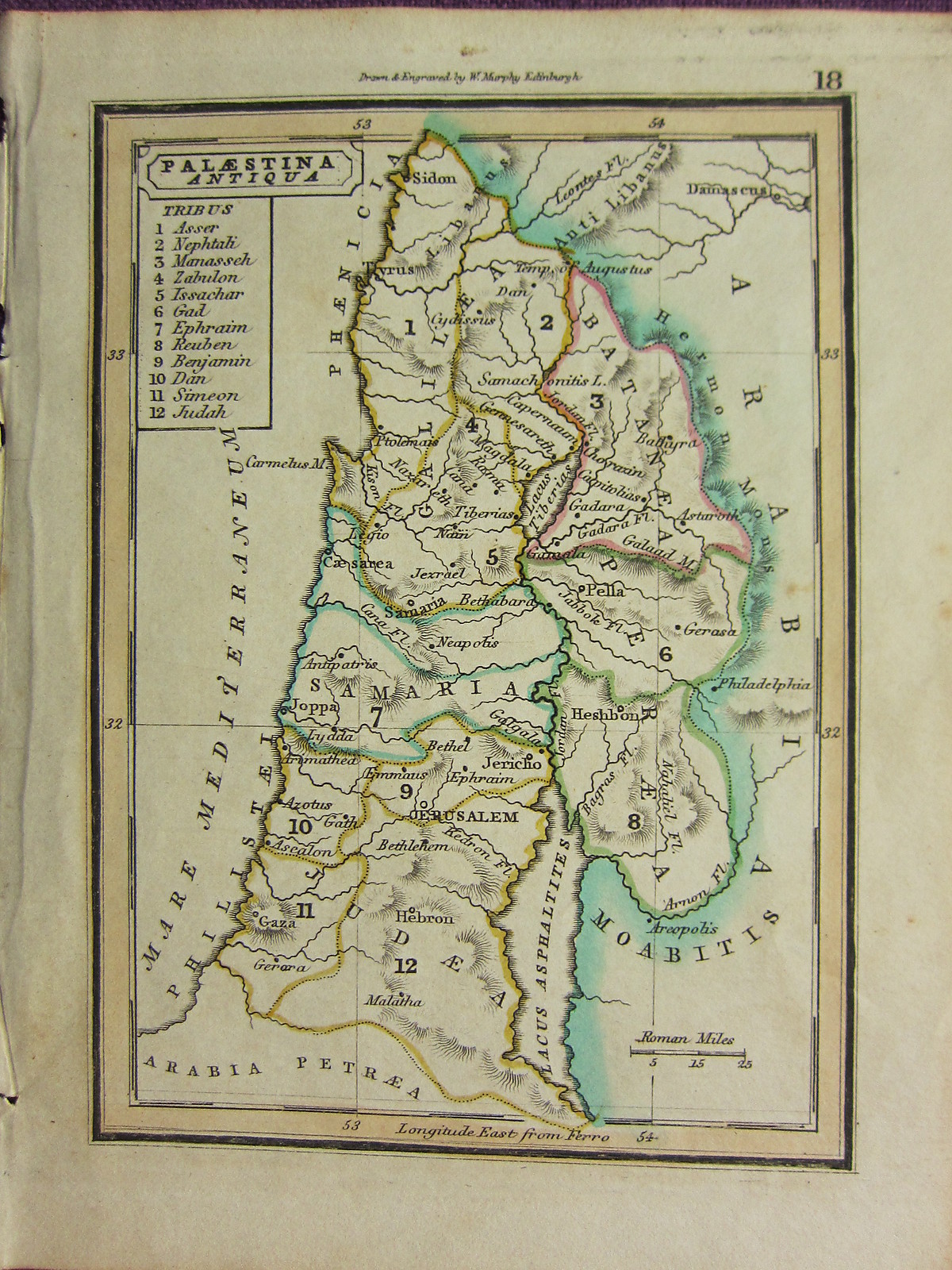 1832 SMALL ANCIENT MAP ~ PALAESTINA ANTIQUA SAMARIA GALILAEA JUDAEA PERAEA JERUS