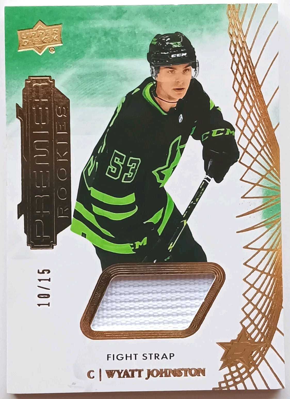 2022-23 UD Premier Rookie Fight Strap Wyatt Johnston /15 Dallas Stars RC 