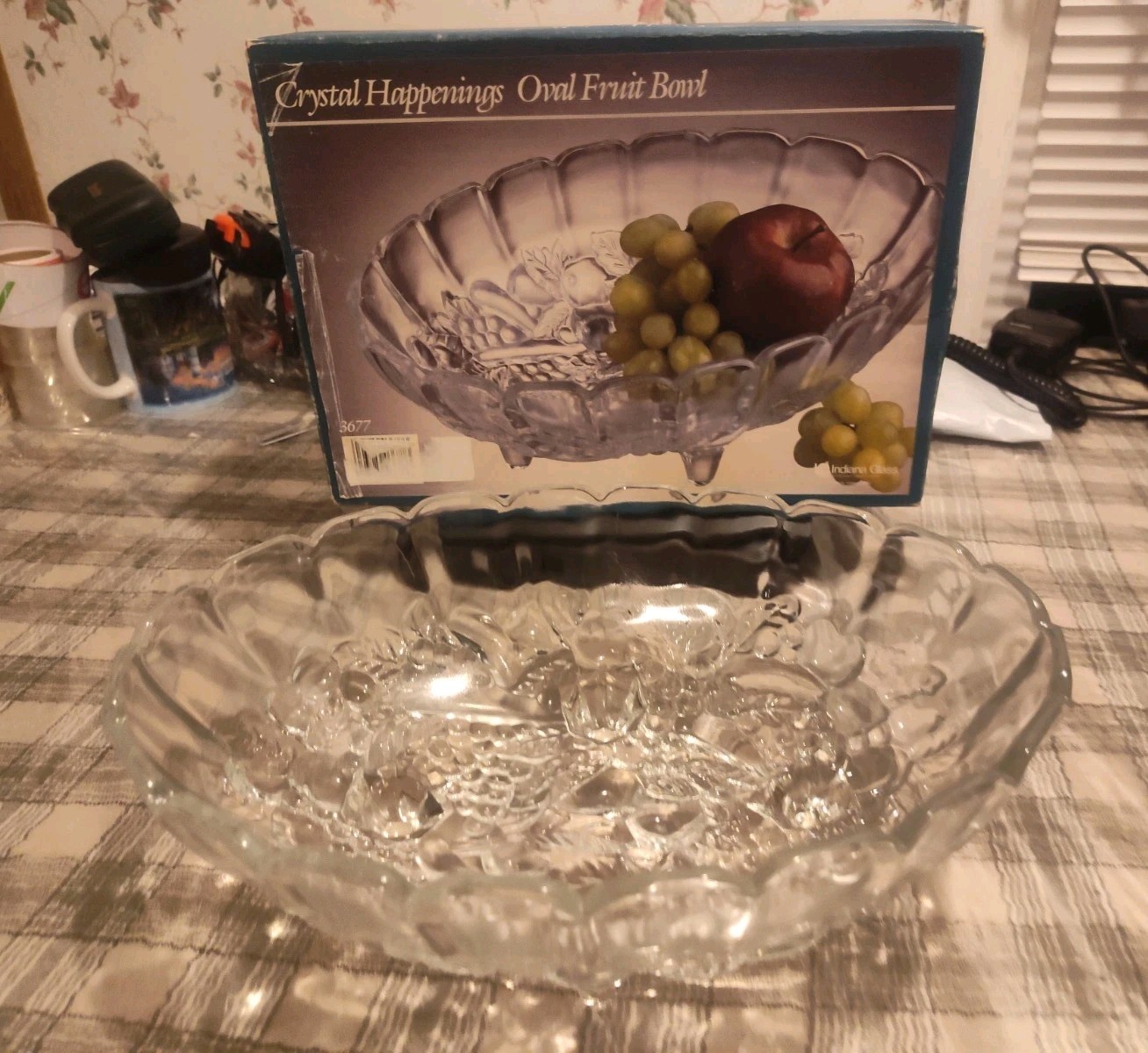 INDIANA GLASS #3677-EMBOSSED GRAPES FOOTED FRUIT BOWL 12\