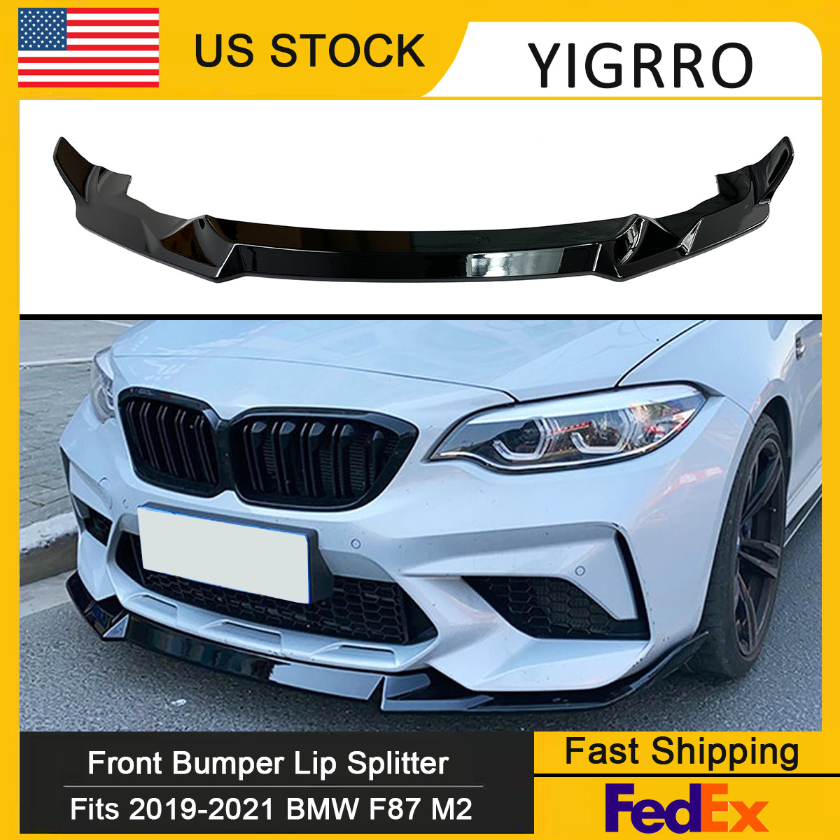 For 16-21 BMW F87 M2 Competition CS Style Front Splitter Bumper Lip Gloss Black