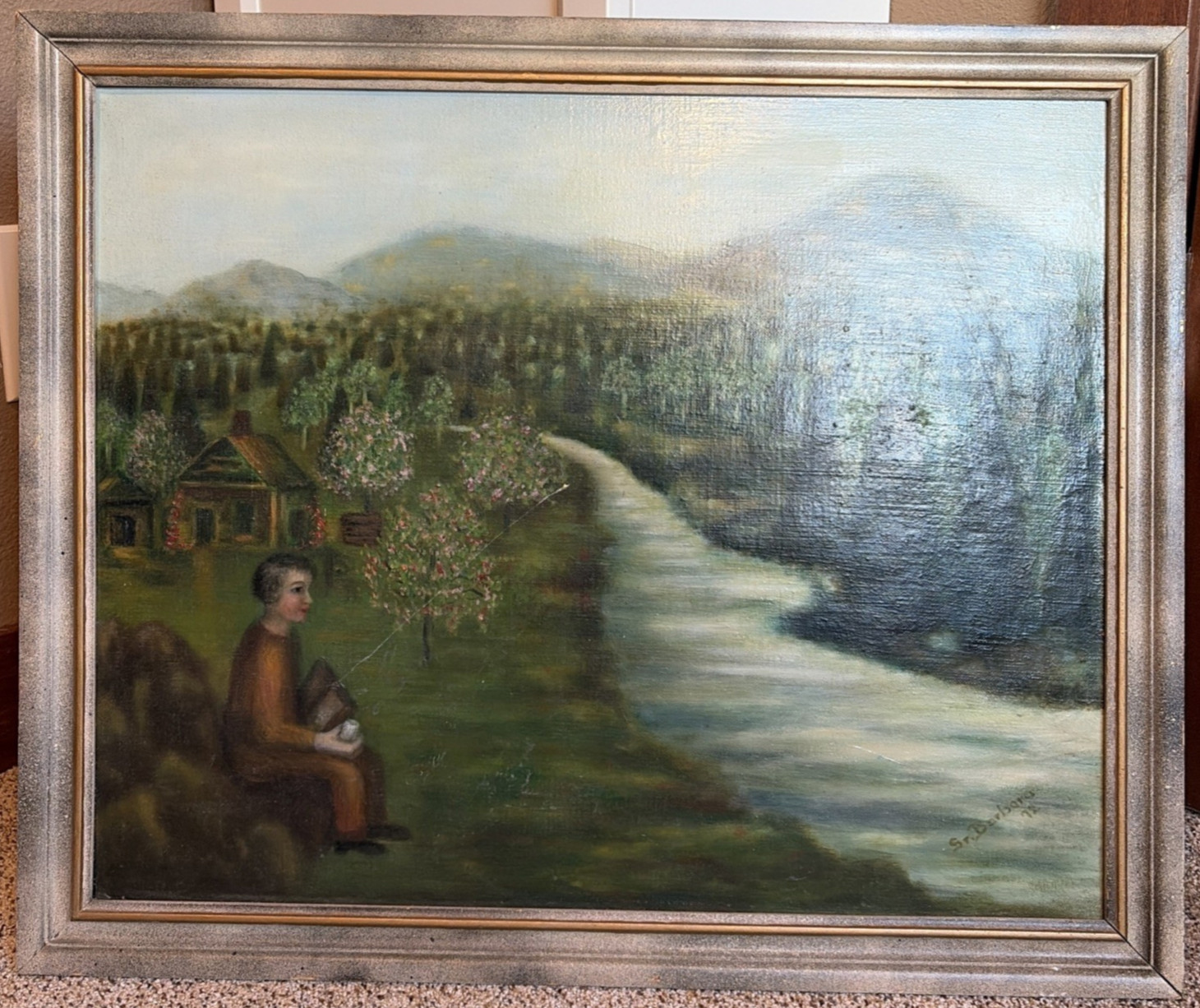 Antique 1972 Original Folk Art Oil Painting Sr Barbara Signed Landscape Framed Antique 1972 Original Folk Art Oil Painting Sr Barbara Signed Landscape Framed