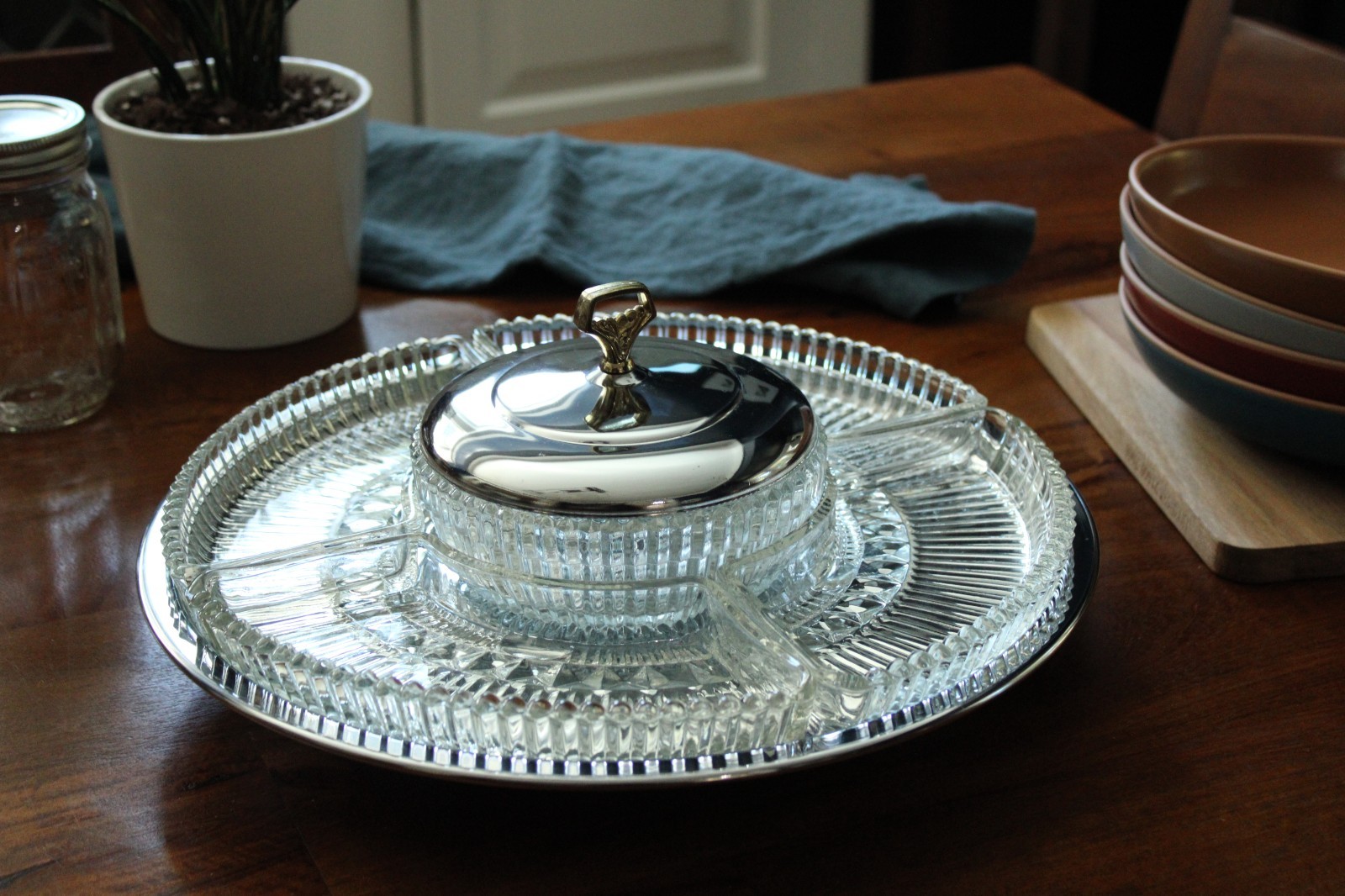 Vtg Kromex MCM Chrome Glass Lazy Susan Relish Tray Appetizer Server USA 13”