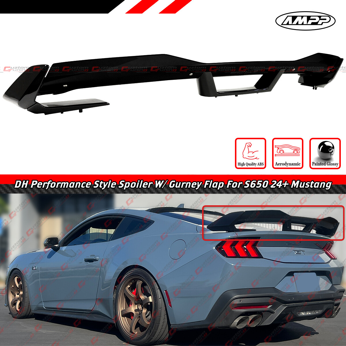 For 2024-26 Ford Mustang DH Performance Gloss Black Spoiler W/ Smoke Gurney Flap