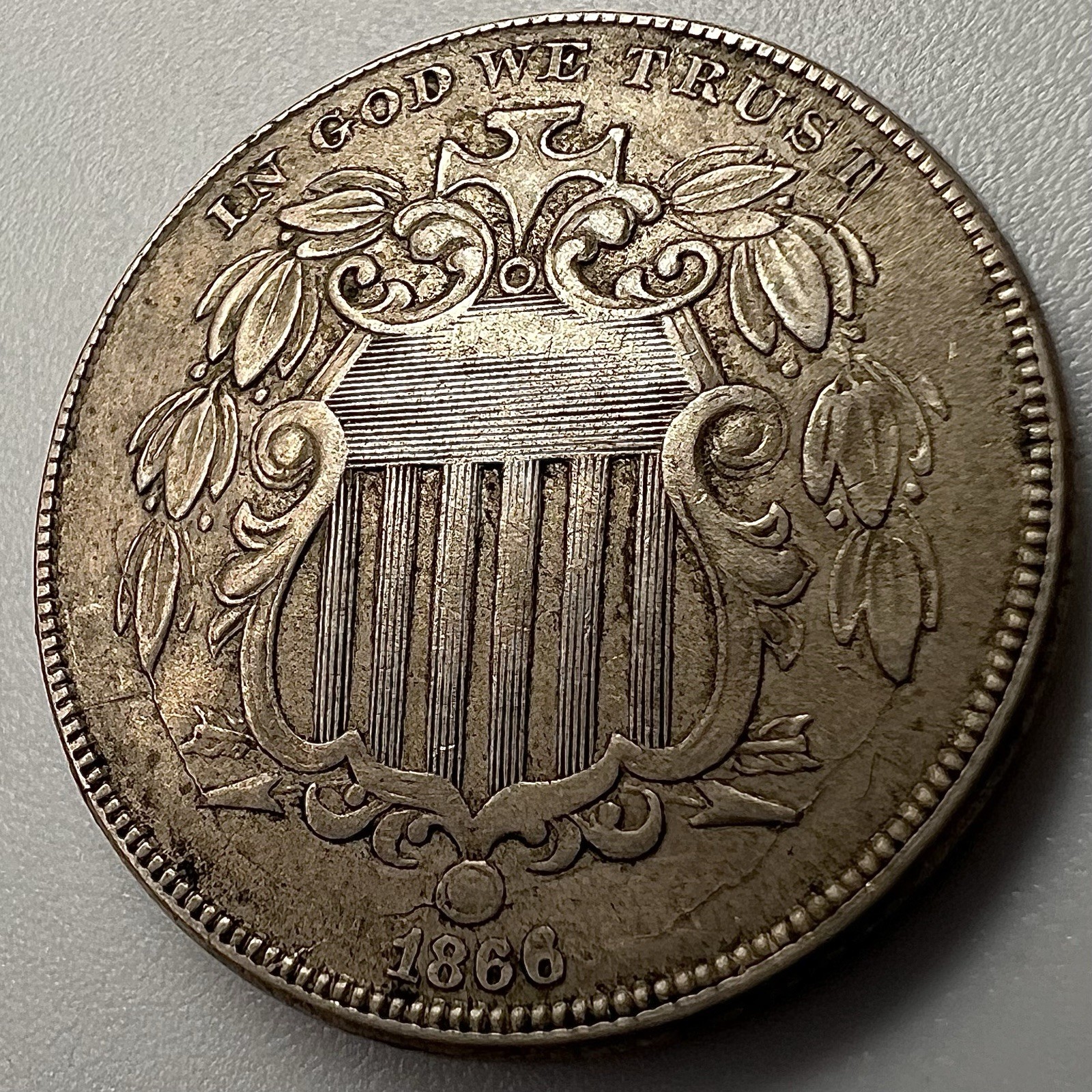 1866 Shield Nickel 5C Five Cents XF Condition Amazing Detail Die Crack