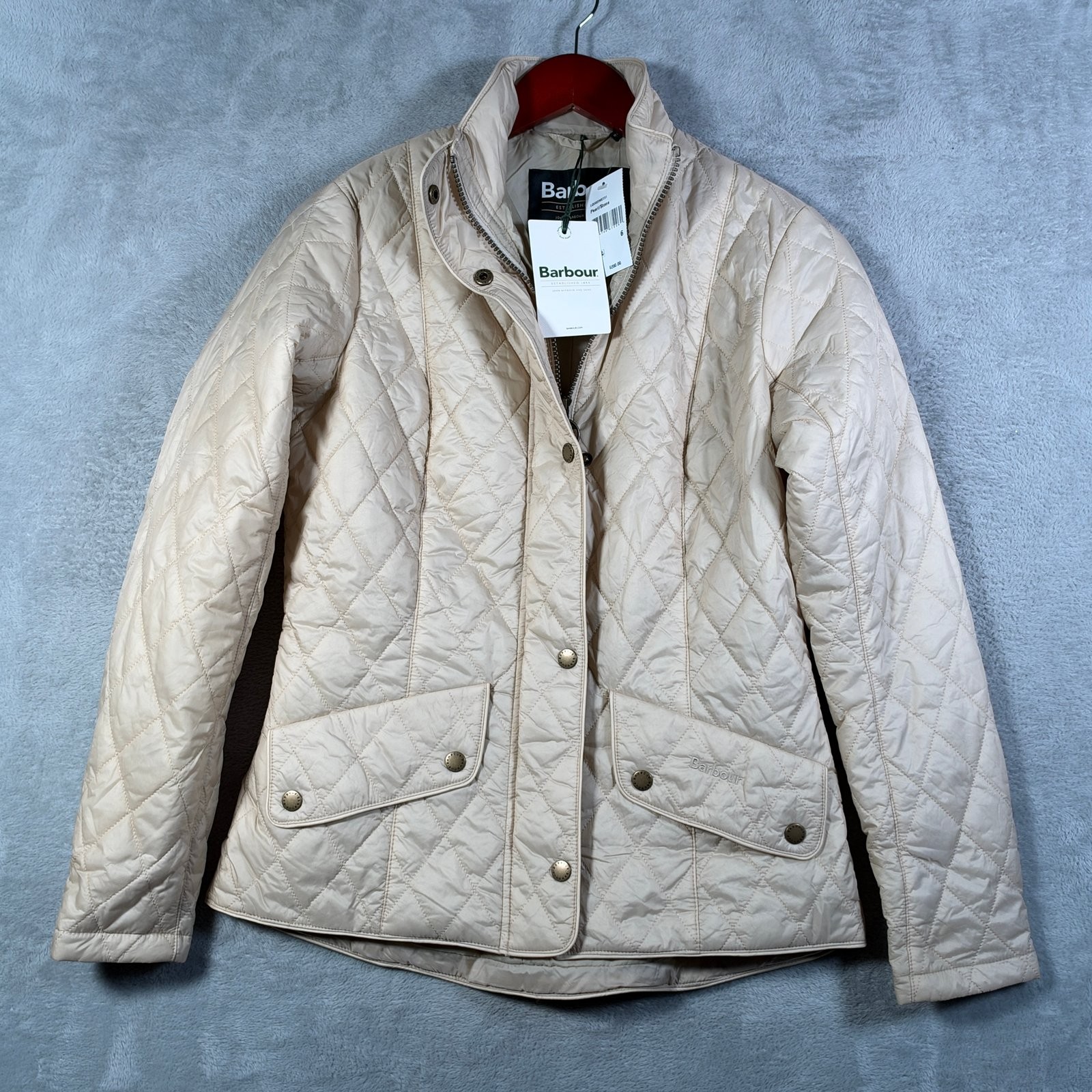 Barbour Jacket Womens US 6 Pearl Stone Flyweight Cavalry Quilted Full Zip $200
