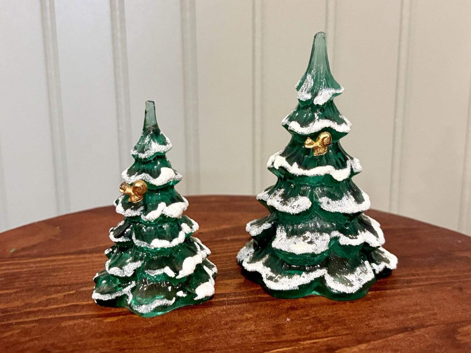 2 Fenton Art Glass Green Glass Christmas Trees Flocked Partridge 4 1/2” & 3 1/2”