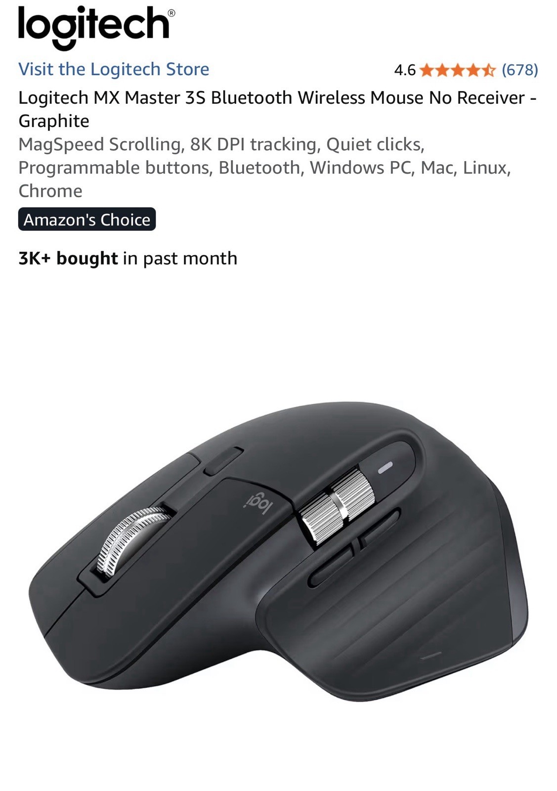 Logitech MX Master 3S Bluetooth Wireless Mouse No Receiver - Graphite