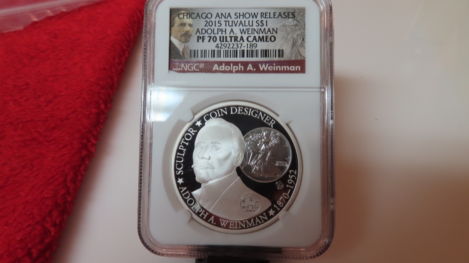 2015 Chicago ANA Tuvalu Adolph A. Weinman 1oz Proof Silver $1 Coin NGC PF70 UCAM