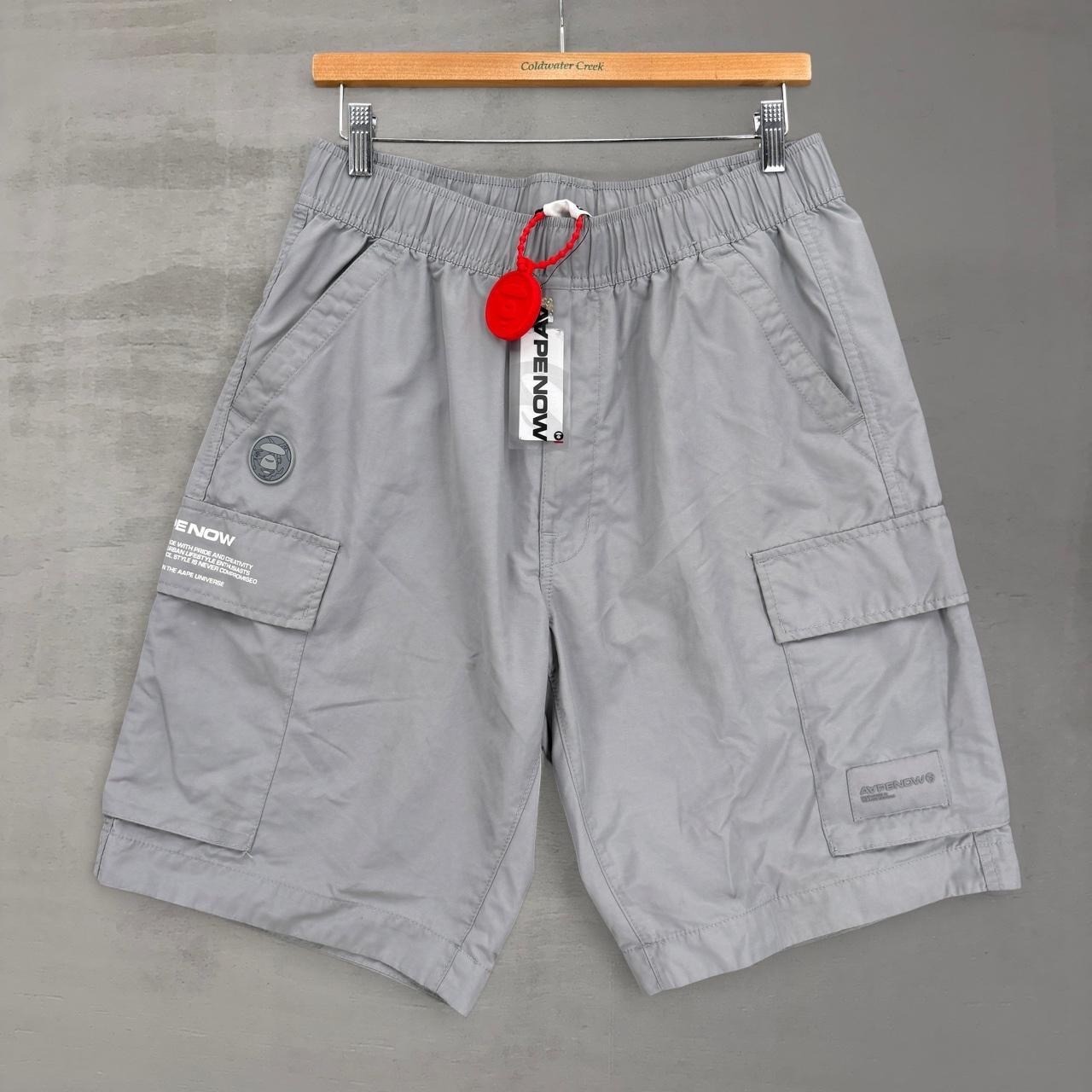 NEW AAPE BY A BATHING APE Moonface Woven Cargo Shorts Grey Elastic Waist Large
