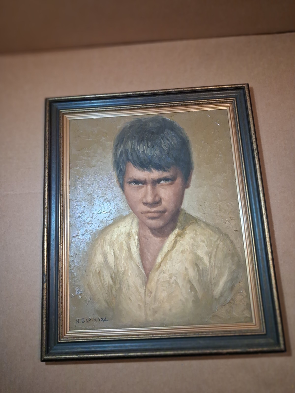 Listed Artist Noel Espinoza Oil On Canvas Of Boy Expressive Look Listed Artist Noel Espinoza Oil On Canvas Of Boy Expressive Look