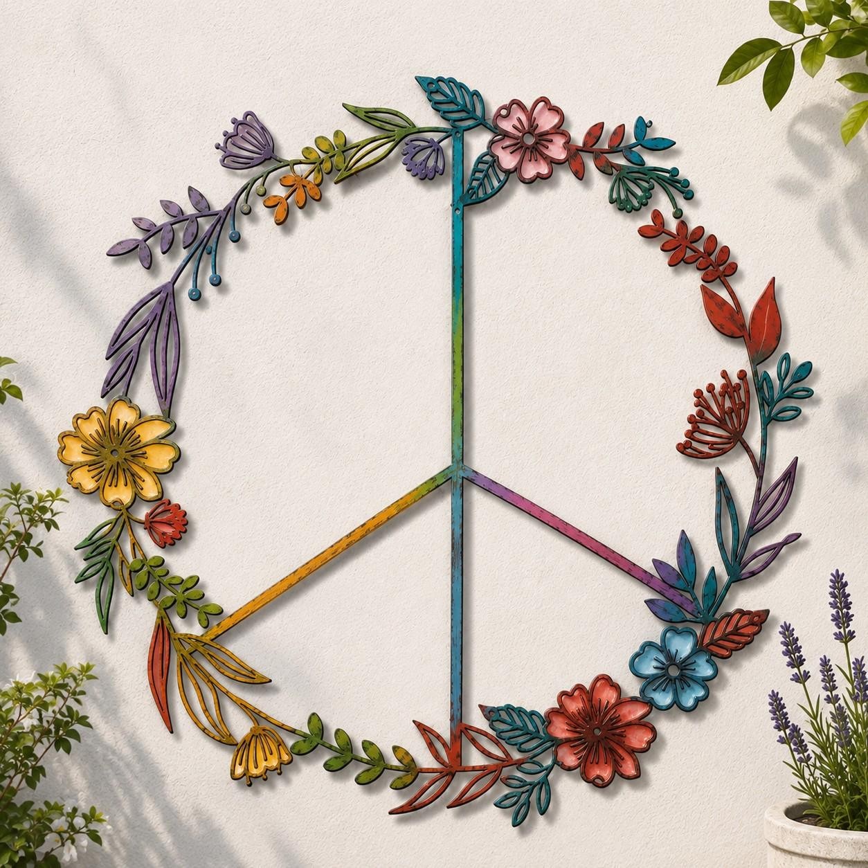 Floral Peace Sign Metal Wall Art, Colorful Flower Wreath Door Decor Floral Peace Sign Metal Wall Art, Colorful Flower Wreath Door Decor