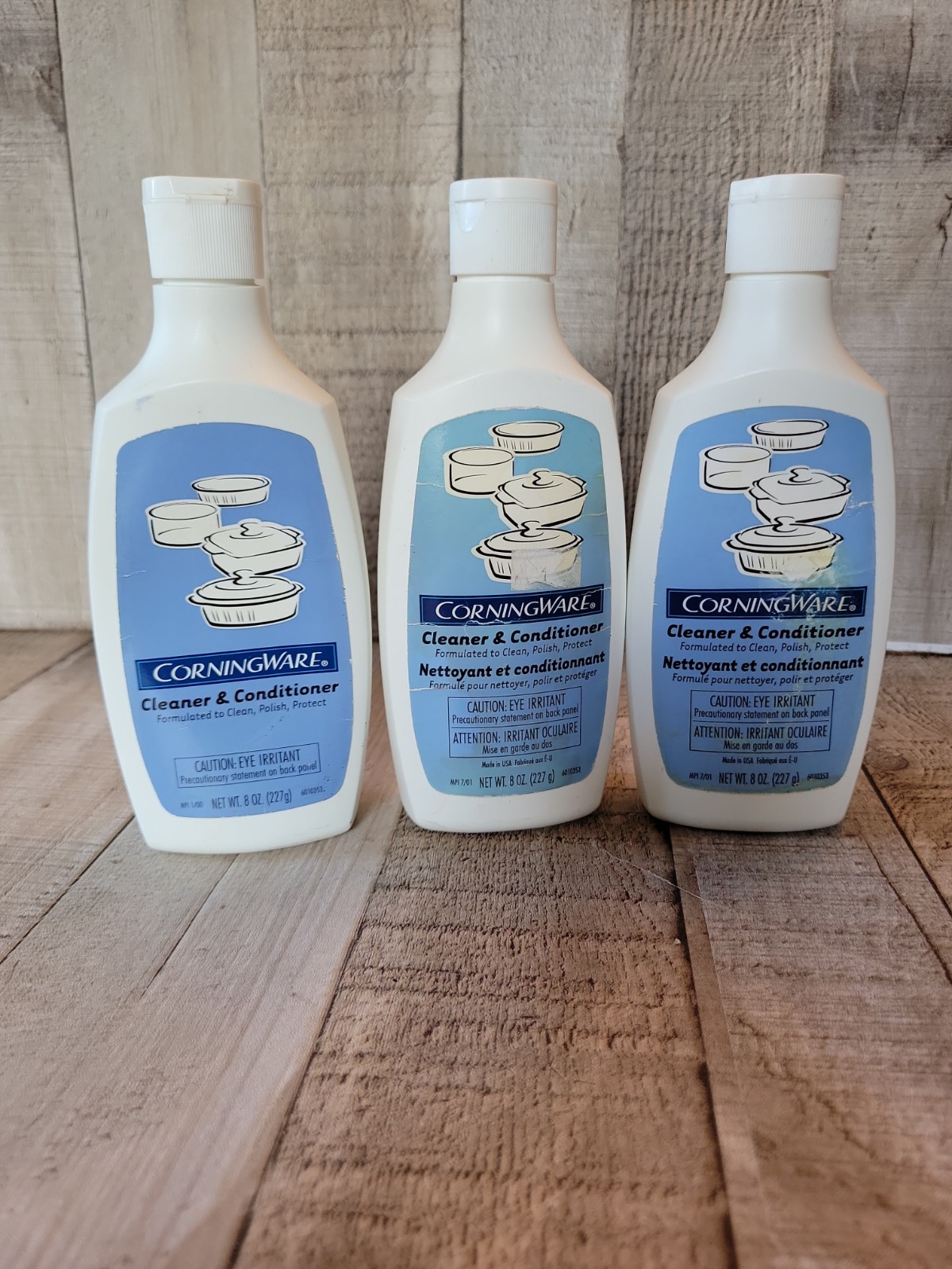 Corningware Cleaner Conditioner Blue Polish Corelle Pyrex 3 Bottles Polish open Corningware Cleaner Conditioner Blue Polish Corelle Pyrex 3 Bottles Polish open