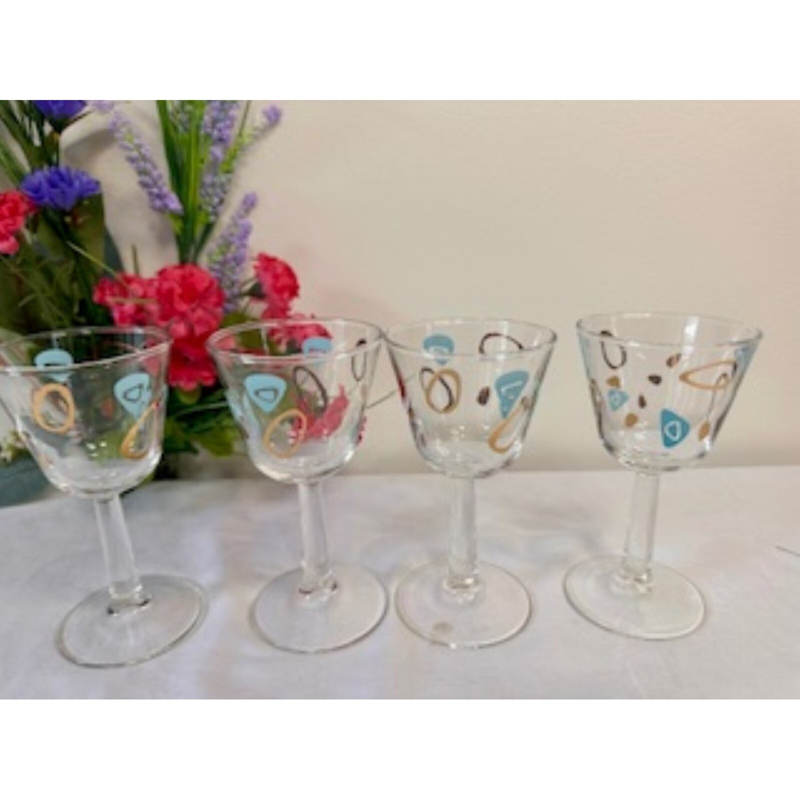 Vintage Boomerang Amoeba Glasses Turquoise Gold Retro MCM Federal Barware