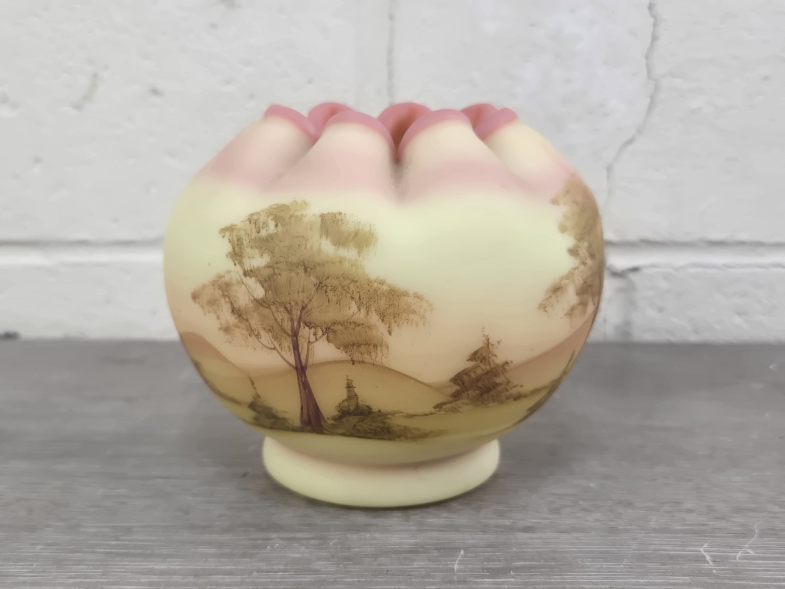 Fenton Burmese UV Glass Rose Bowl Handpainted Yellow Trees Signed Gloria Finn