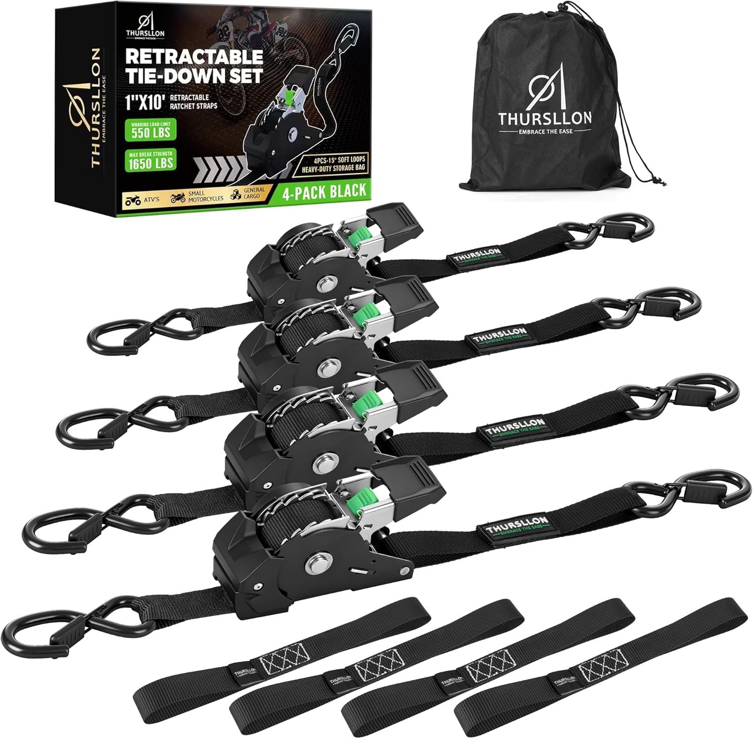 Rhino USA Retractable Ratchet Straps (4-Pack) - 1 Inch x 10 Feet (1,650lb Break