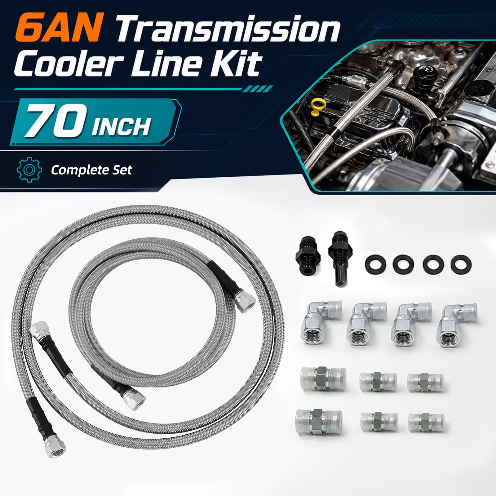 70\'\' Braided Transmission Cooler Lines For TH350 TH400 4L60E 4L80E 700R4 200-4R