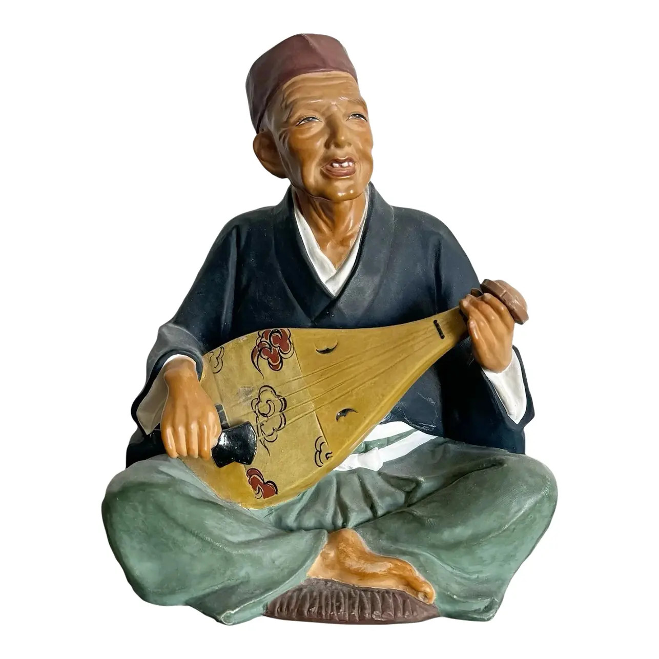 Vintage Japanese Leftons Clay Doll of an Old Man Playing a Biwa