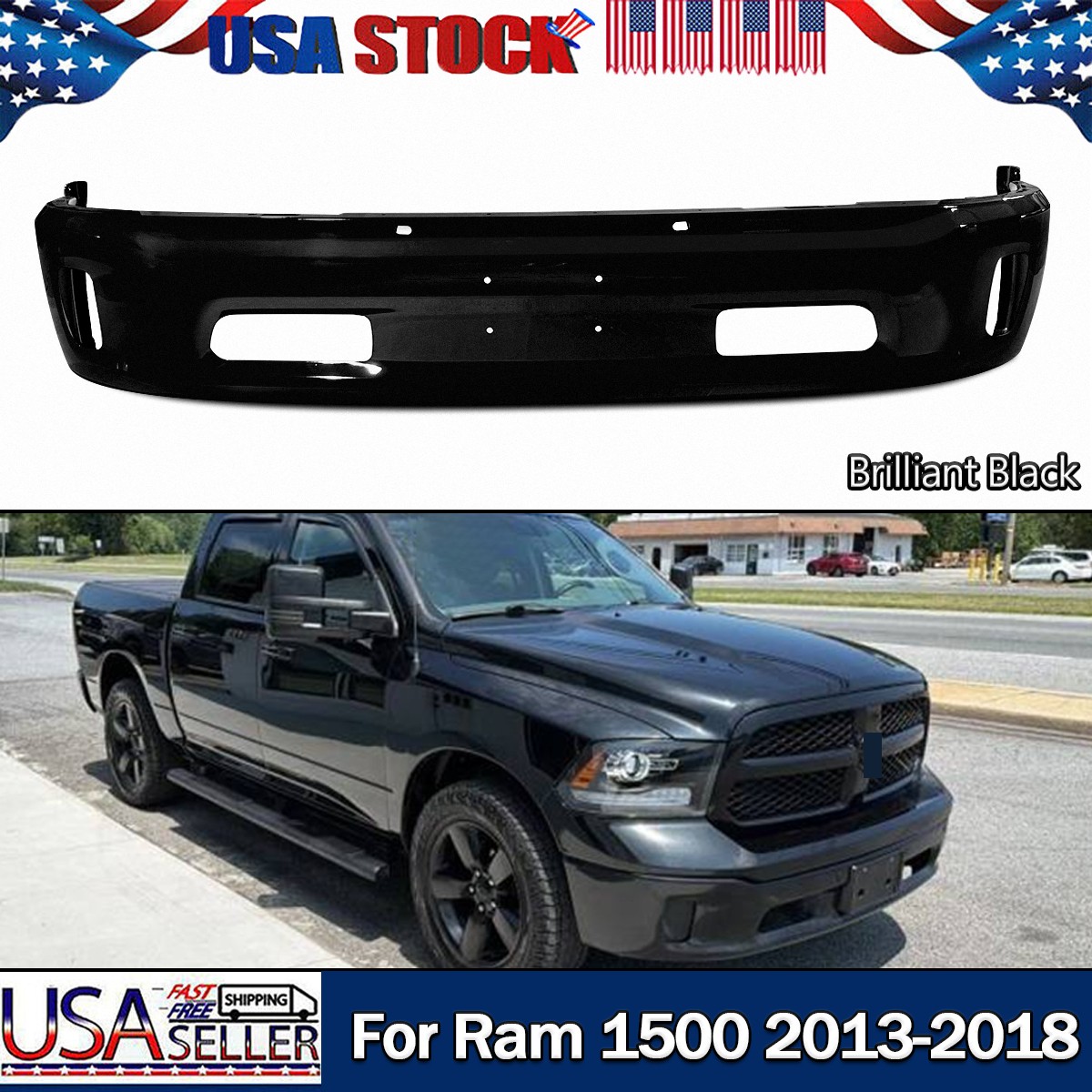 For 2013-18 RAM 1500 Brilliant Black/PXR Front Bumper Cover W/ Fog Hole Replace