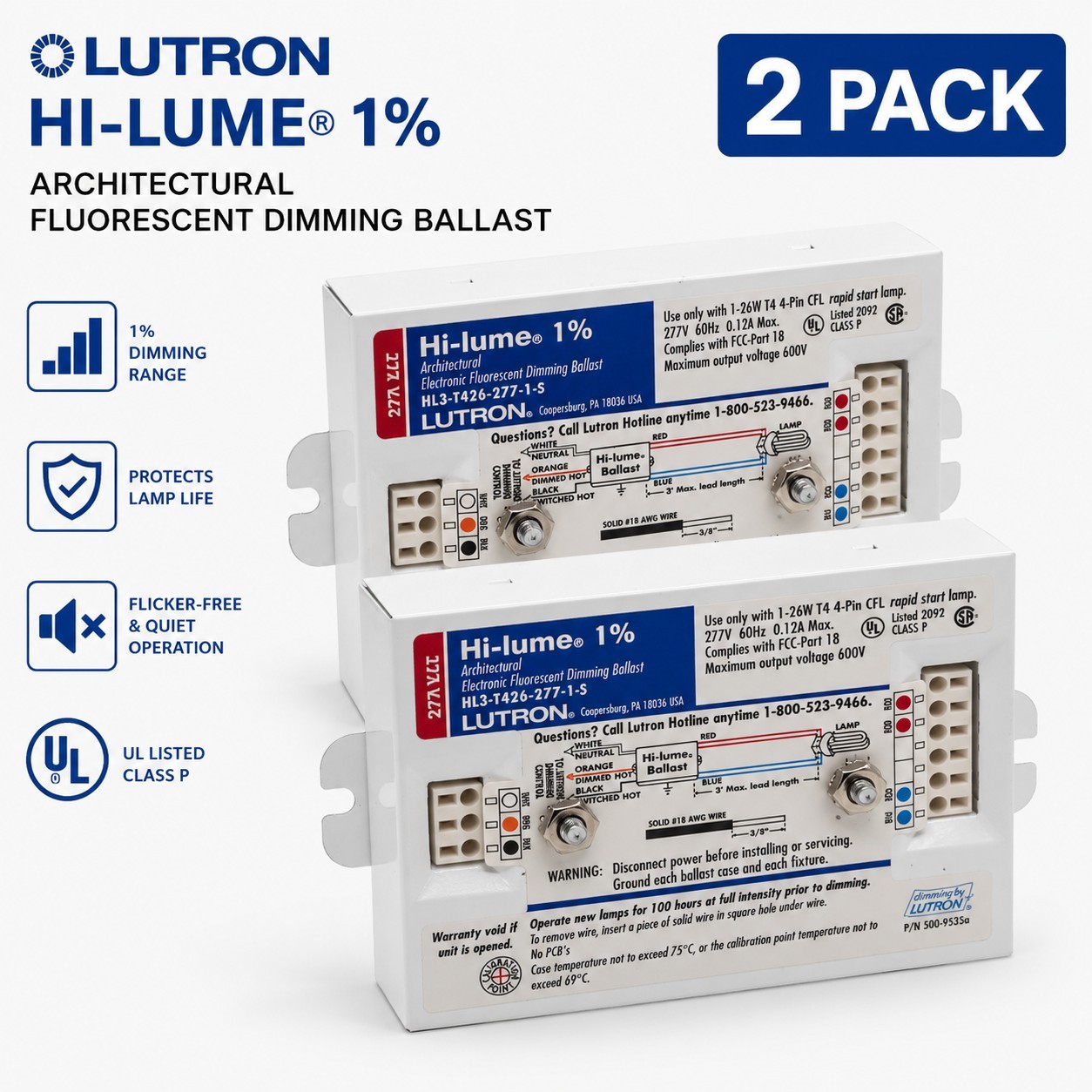 Lutron HL3-T426-277-1-S Hi-Lume FLUORESCENT DIMMING BALLAST 277V 1-Lamp 26W 2pk