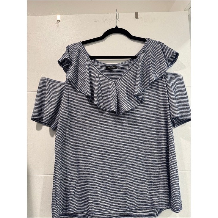 Lane Bryant Cold Shoulder Top Women 18/20 Blue White Striped Ruffle Knit Blouse
