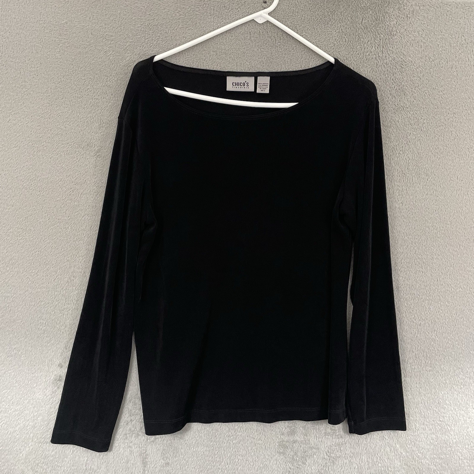 Chico’s Travelers Top Women’s Size 2 12/14 Black Long Sleeve Boat Neck Stretch